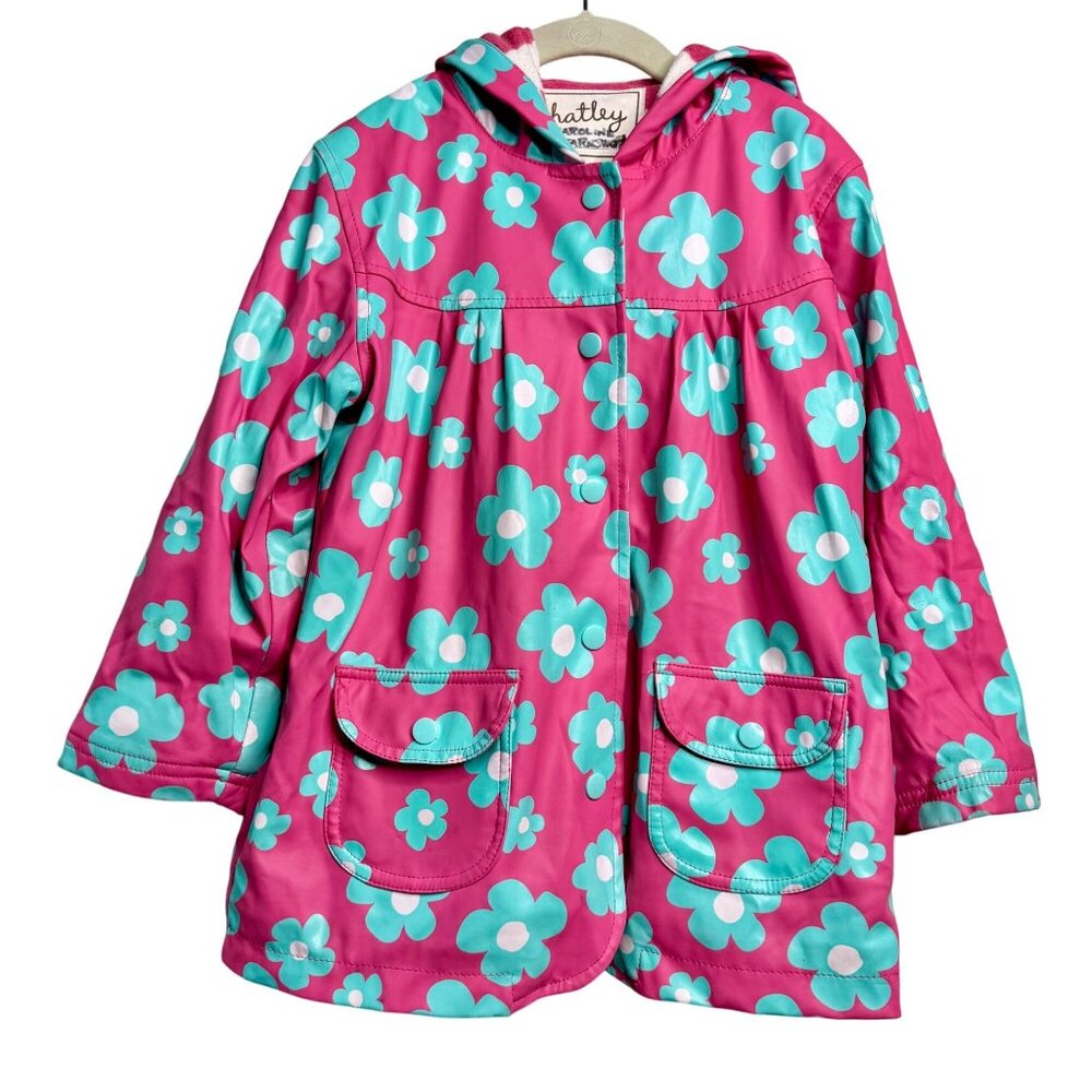 HATLEY Pink Floral Raincoat Girls 5 5T Hood Striped Terry Lined Rain Jacket Girl - Picture 1 of 9